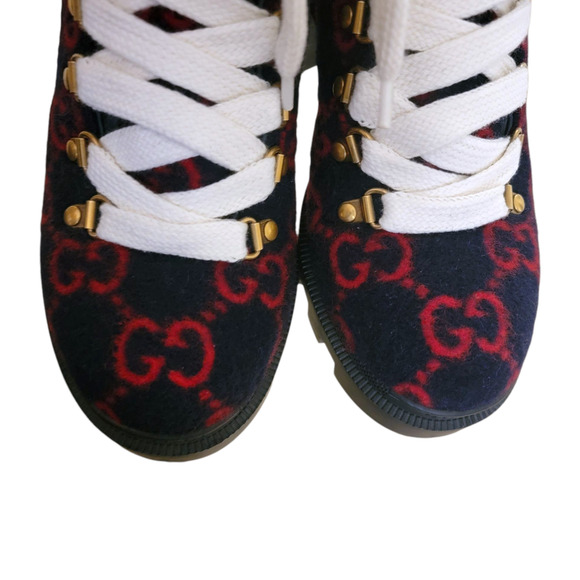 Gucci GG Monogram Navy Red Wool Lace-Up Web Combat Platform Boots 37.5 - Picture 11 of 14